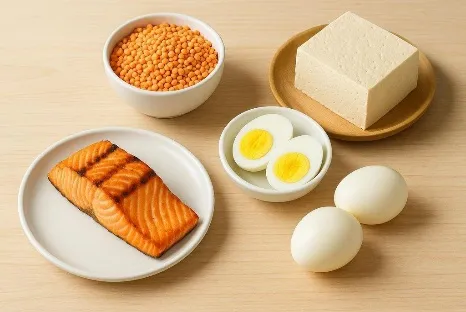 ปลาแซลมอน ไข่ต้ม เต้าหู้ และถั่วเลนทิล